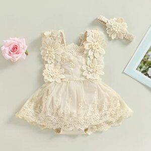 Mubineo Baby Girl Summer Clothes Lace Romper Skirt Dress Princess Outfits Sleeveless Flower Newborn Outfit (Beige, 3-6 Months)