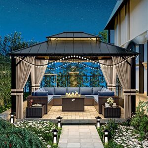 rtdtd 12’x14’ hardtop gazebo outdoor aluminum frame permanent gazebo galvanized steel double roof gazebo with nettings and curtains for patio, lawns,backyard, deck(brown)