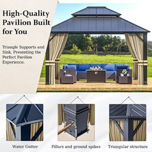 RTDTD 12’x14’ Hardtop Gazebo Outdoor Aluminum Frame Permanent Gazebo Galvanized Steel Double Roof Gazebo with Nettings and Curtains for Patio, Lawns,Backyard, Deck(Brown)