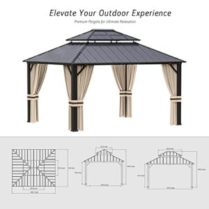 RTDTD 12’x14’ Hardtop Gazebo Outdoor Aluminum Frame Permanent Gazebo Galvanized Steel Double Roof Gazebo with Nettings and Curtains for Patio, Lawns,Backyard, Deck(Brown)