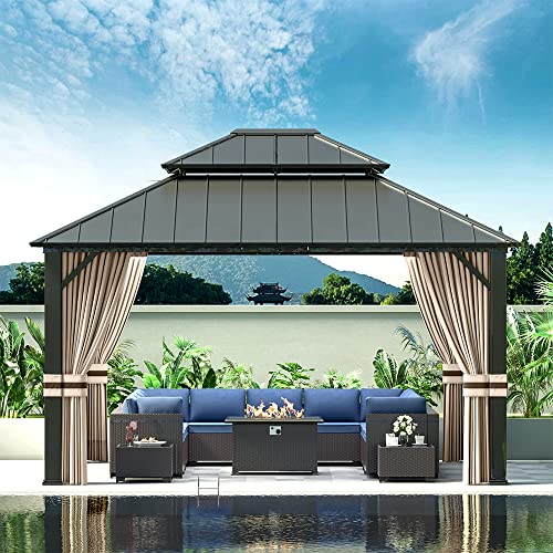 RTDTD 12’x14’ Hardtop Gazebo Outdoor Aluminum Frame Permanent Gazebo Galvanized Steel Double Roof Gazebo with Nettings and Curtains for Patio, Lawns,Backyard, Deck(Brown)