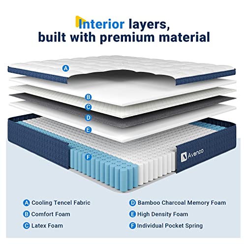 Avenco Queen Mattress, 12 Inch Hybrid Mattress Queen Size with Pocket Innerspring and Latex Memory Foam, Medium Firm Mattress Queen in a Box, Motion Isolation, Relieves Pain & Pressure Points