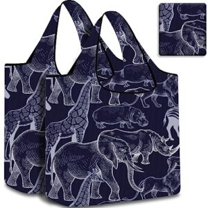vuudh 2 packs reusable grocery bags - machine washable grocery tote with pouch, foldable shopping tote bag nylon (navy blue animals)