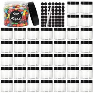 40 pack plastic jars with black lids 6 oz,180ml round plastic containers clear cosmetic jars,refillable empty storage containers for spices,cream,beauty products,lotion,slime making