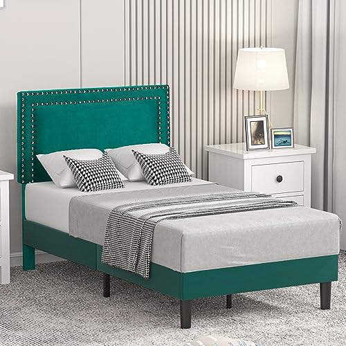 VECELO Twin Size Platform Bed Frame with Height Adjustable Upholstered Headboard, Modern Mattress Foundation,Strong Wood Slat Support, No Box Spring Needed, Easy Assembly