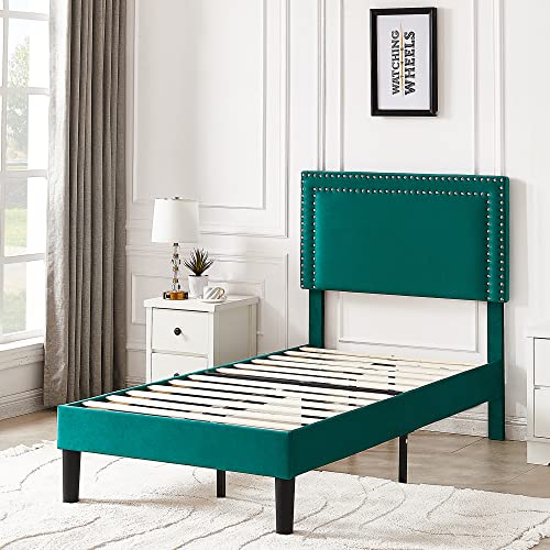 VECELO Twin Size Platform Bed Frame with Height Adjustable Upholstered Headboard, Modern Mattress Foundation,Strong Wood Slat Support, No Box Spring Needed, Easy Assembly