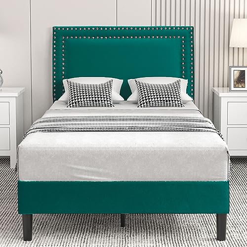 VECELO Twin Size Platform Bed Frame with Height Adjustable Upholstered Headboard, Modern Mattress Foundation,Strong Wood Slat Support, No Box Spring Needed, Easy Assembly