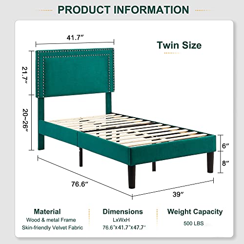 VECELO Twin Size Platform Bed Frame with Height Adjustable Upholstered Headboard, Modern Mattress Foundation,Strong Wood Slat Support, No Box Spring Needed, Easy Assembly