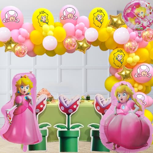 131Pcs Mario Princess Peach Decorations Peach Balloon Garland Arch Kit Include Princess Peach Balloons,Star Mario Foil Balloons for Girls Princess Peach Themed Birthday Party Decoration Supplies