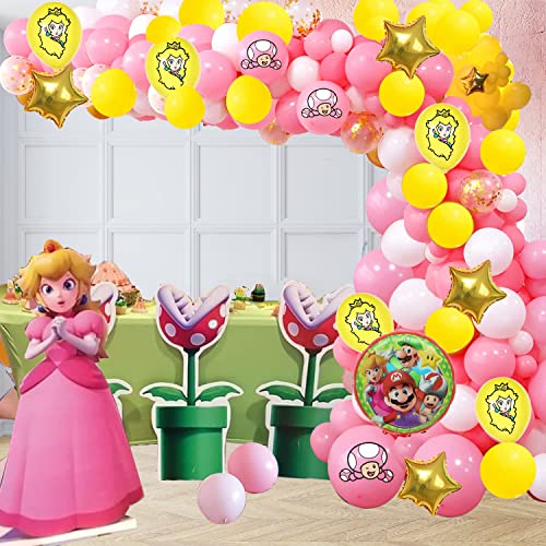 131Pcs Mario Princess Peach Decorations Peach Balloon Garland Arch Kit Include Princess Peach Balloons,Star Mario Foil Balloons for Girls Princess Peach Themed Birthday Party Decoration Supplies