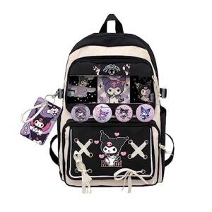 jkawzoy japanese cartoon backpack, cute cool book bags for teens kawaii backpacks with kawaii pins for outdoor travel unisex laptop bookbags black