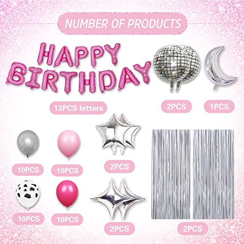 Refavor Disco Birthday Party Decorations - 60pcs Western Disco Party Decorations Pink Silver Backdrop Disco Ball Hot Pink Happy Birthday Balloons Decor Birthday Decorations Supplies Cowgirls Women