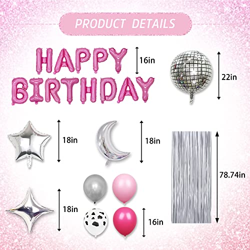 Refavor Disco Birthday Party Decorations - 60pcs Western Disco Party Decorations Pink Silver Backdrop Disco Ball Hot Pink Happy Birthday Balloons Decor Birthday Decorations Supplies Cowgirls Women