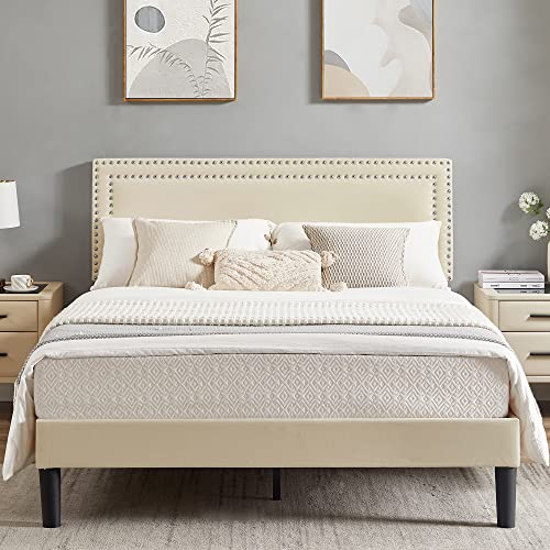 VECELO Queen Size Platform Bed Frame with Height Adjustable Upholstered Headboard, Modern Mattress Foundation,Strong Wood Slat Support, No Box Spring Needed, Easy Assembly