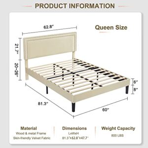 VECELO Queen Size Platform Bed Frame with Height Adjustable Upholstered Headboard, Modern Mattress Foundation,Strong Wood Slat Support, No Box Spring Needed, Easy Assembly