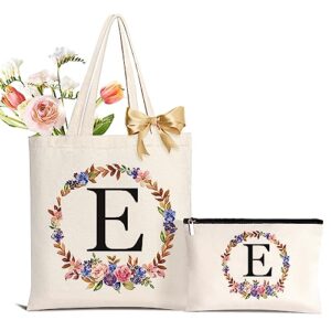 aunool monogrammed tote bag with makeup bag, 13oz canvas tote bag for women floral initial tote bag bridal shower gifts for bride to be personalized gifts for teachers friends sister, letter e