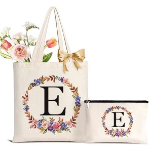 AUNOOL Monogrammed Tote Bag with Makeup Bag, 13oz Canvas Tote Bag for Women Floral Initial Tote Bag Bridal Shower Gifts for Bride To Be Personalized Gifts for Teachers Friends Sister, Letter E