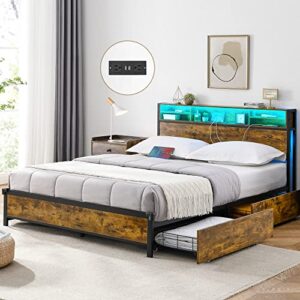 king size bed frame with 4 storage drawers and bookcase headboard, led bed frame with outlets and usb ports, metal platform bed king, double-row support bars, no box spring needed, vintage brown