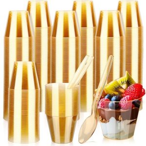 100 sets 5 oz dessert cups with spoons plastic color cups for desserts ice cream parfait sundae fruit pudding (gold)