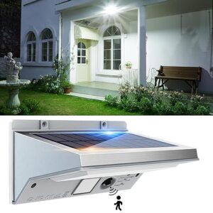 solar lights outdoor motion sensor led solar powered high bright stainless steel flood lights ip68 waterproof with 3 lighting modes for wall, yard, porch and garage(1 pack)