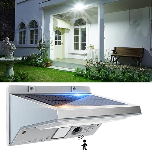 Solar Lights Outdoor Motion Sensor LED Solar Powered High Bright Stainless Steel Flood Lights IP68 Waterproof with 3 Lighting Modes for Wall, Yard, Porch and Garage(1 Pack)