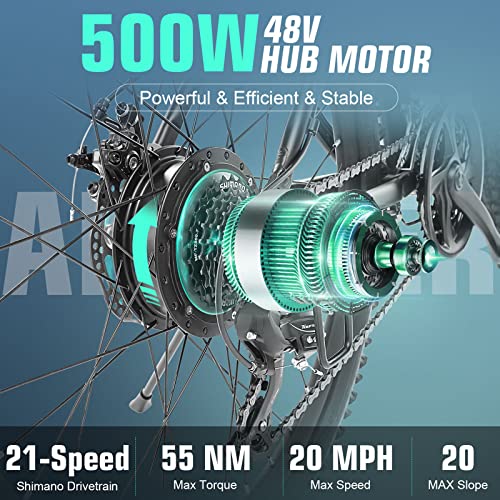 ANCHEER 500W Electric Bike 26'' Gladiator Electric Mountain Bike, 48V 10.4Ah Removable Battery, Up to 50 Miles, 3.5H Fast Charge, Cruise Control, Lockable Suspension Fork, 21Speed Ebike for Adults