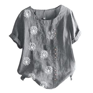 DASAYO Women's Linen Cotton Tops Shirt Floral Printed Round Neck Trendy Shirts Blouse Retro Comfy Going Out Summer Clothes