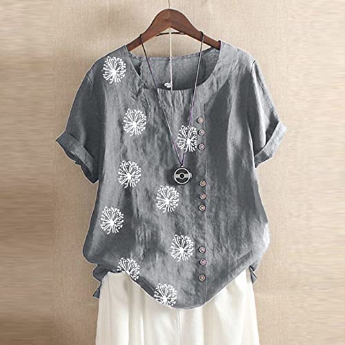 DASAYO Women's Linen Cotton Tops Shirt Floral Printed Round Neck Trendy Shirts Blouse Retro Comfy Going Out Summer Clothes