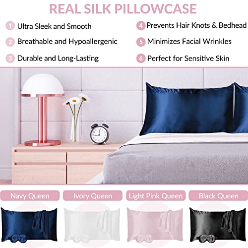 Mulberry Silk Pillowcase for Hair and Skin with Hidden Zipper, 22 Momme 100% Real Silk Pillow Case with Sleep Mask, Premium Grade 6A Silk Promotes Soft Skin, 900 Thread Count