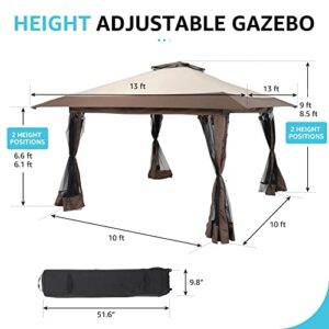 COBANA 13’x13’ Pop Up Gazebo, Outdoor Canopy Tent Shade with Metal Frame Mosquito Netting for Patio, Garden, Lawn, Backyard, Beige