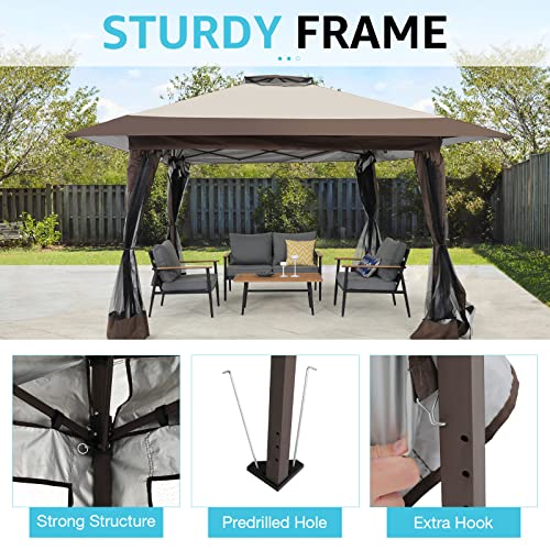 COBANA 13’x13’ Pop Up Gazebo, Outdoor Canopy Tent Shade with Metal Frame Mosquito Netting for Patio, Garden, Lawn, Backyard, Beige