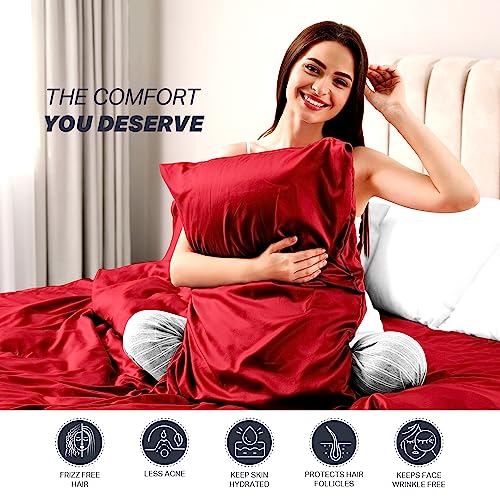 AL AHMEDANI LINEN Red Satin Sheets Queen - Luxurious 4-Piece Red Silk Bed Sheets - Silky Smooth, Deep-Pocket 1 Fitted Sheet, 1 Flat Sheet, 2 Pillowcases