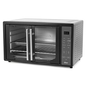 oster extra large single pull french door turbo convection toaster oven w/ 2 removable baking racks, 60-minute timer, & adjustable temperature, black