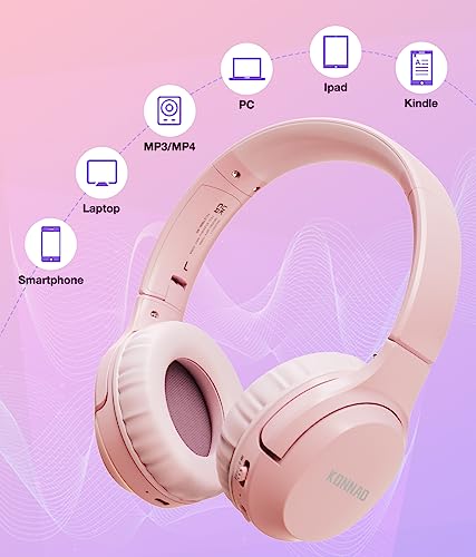 KONNAO Kids Headphones Wireless 60H, Foldable On Ear Headphone with MIC, Volume Limiter 85dB/94dB Wireless & Wired Headphones, Over-Ear Headphone for Kid Adult School Online Class Travel, Pink