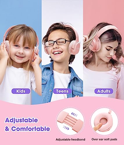 KONNAO Kids Headphones Wireless 60H, Foldable On Ear Headphone with MIC, Volume Limiter 85dB/94dB Wireless & Wired Headphones, Over-Ear Headphone for Kid Adult School Online Class Travel, Pink