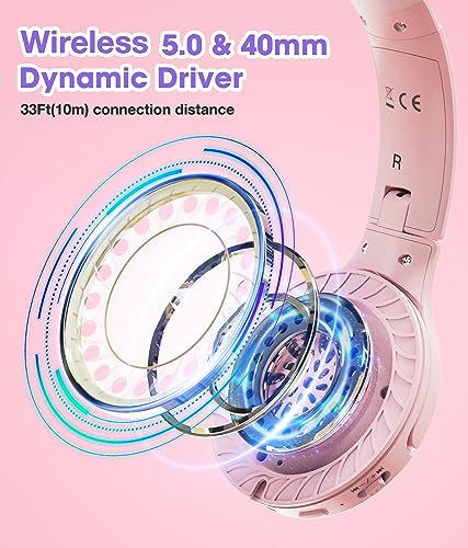 KONNAO Kids Headphones Wireless 60H, Foldable On Ear Headphone with MIC, Volume Limiter 85dB/94dB Wireless & Wired Headphones, Over-Ear Headphone for Kid Adult School Online Class Travel, Pink