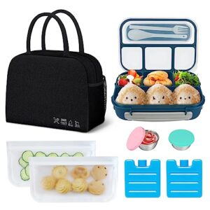 kubya bento box lunch box kit, 1300ml lunch container leak-proof 4 compartment with ice packs, reusable lunch bag, food bags, sauce cups, durable lunch box microwave freezer safe