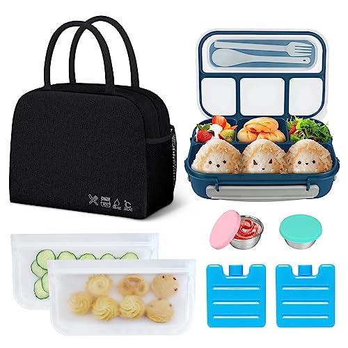 KUBYA Bento Box Lunch Box Kit, 1300ML Lunch Container Leak-Proof 4 Compartment With Ice Packs, Reusable Lunch Bag, Food Bags, Sauce Cups, Durable Lunch Box Microwave Freezer Safe