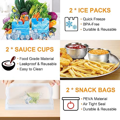 KUBYA Bento Box Lunch Box Kit, 1300ML Lunch Container Leak-Proof 4 Compartment With Ice Packs, Reusable Lunch Bag, Food Bags, Sauce Cups, Durable Lunch Box Microwave Freezer Safe