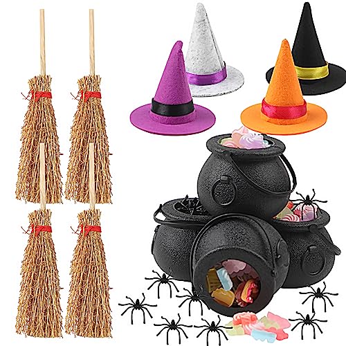 FOIMAS 37pcs Mini Witch Hats Black Candy Cauldron and Witch Brooms for Halloween Dollhouse Craft Accessories Table Decoration Supply