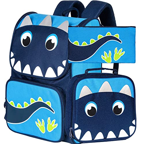 UFNDC 3PCS Dinosaur Backpack, 15" Boys Bookbag with Lunch Box, Kids School Bag for Elementary Preschool Toddler