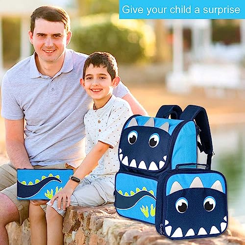 UFNDC 3PCS Dinosaur Backpack, 15" Boys Bookbag with Lunch Box, Kids School Bag for Elementary Preschool Toddler