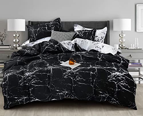 Black Marble Duvet Cover Queen Size Bedding Sets Black and White Marble Bedding Covers Soft Lightweight Microfiber Modern Men Women Teen Boy Gothic Ceramic Marble Bed Abstract 3pcs Bedding Set Full