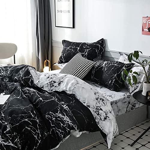 Black Marble Duvet Cover Queen Size Bedding Sets Black and White Marble Bedding Covers Soft Lightweight Microfiber Modern Men Women Teen Boy Gothic Ceramic Marble Bed Abstract 3pcs Bedding Set Full