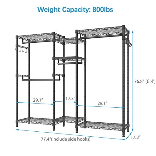 Heavy Duty Clothes Rack for Hanging Clothes, Large Clothing Rack with Shelves Portable Closet Rack Freestanding 7 Tiers Wire Garment Rack Corner Closet System for Bedroom, Max Load 800 Lbs, Black