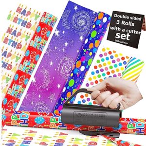 thmort birthday wrapping paper roll with a cutter kit for boys&girls,adults,kids, double sided gradient mini rolls 17 inch x 120 inch galaxy wrapping paper gift wrap roll colorful happy birthday lettering.