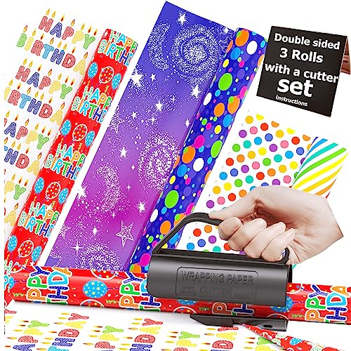 THMORT Birthday Wrapping Paper Roll with a Cutter Kit for Boys&Girls,Adults,Kids, Double Sided Gradient Mini Rolls 17 Inch X 120 Inch Galaxy Wrapping Paper Gift Wrap Roll Colorful Happy Birthday Lettering.