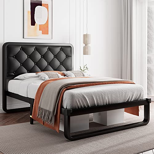 iPormis Twin Size Metal Bed Frame with Faux Leather Headboard, Curved Platform Bed Frame, Thicker Metal Steel Slats Support, 12'' Under-Bed Space, Noise-Free, Easy Assembly, Black