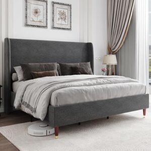 jocisland upholstered bed frame queen size 51.2" high linen platform bed with wingback headboard/no box spring needed/easy assembly/dark grey