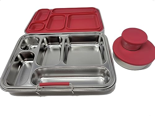 Flatbush Goods Leak Resistant Stainless Steel Bento Lunchbox with Silicone Seal, 2 Leak Proof Containers and 5 Compartments - Durable and Sustainable for Adults and Kids 5 and Older (Red)